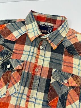 Raw State Men's Button Down Shirt Short Sleeve Cotton Multi Color Plaid Sz Lg B6